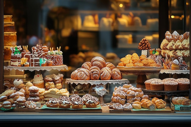 Photo bakery windows are decorated with tempting breads pastries and cakes