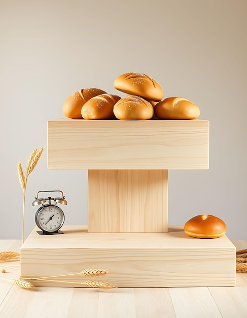 Photo bakery with bread and pastries perched atop a farmhouse two tier podium of pine wood smooth light