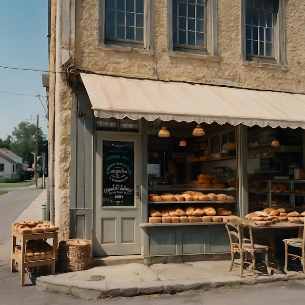 a bakery with breads on the front of it