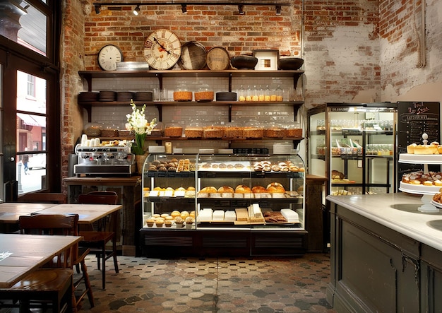 a bakery with a brick wall and a display of pastries