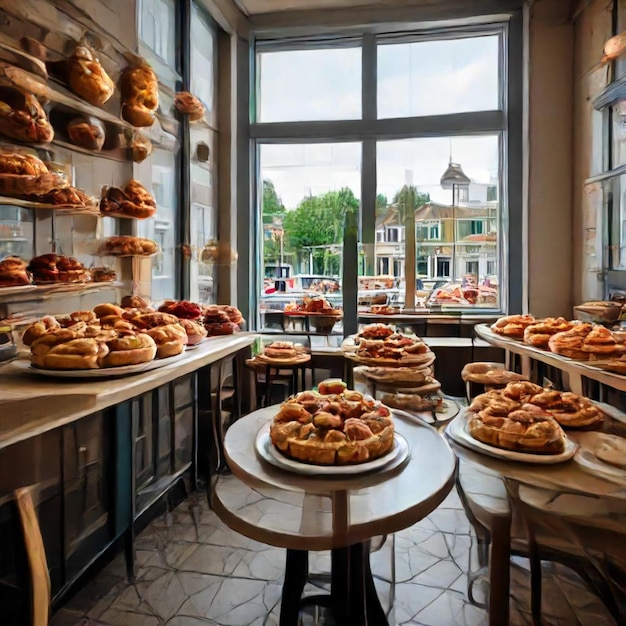 Photo a bakery with a bunch of bagels on the counter