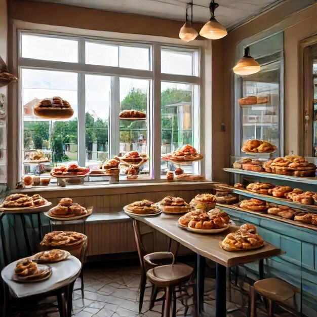 Photo a bakery with pastries on the shelf and a window above it