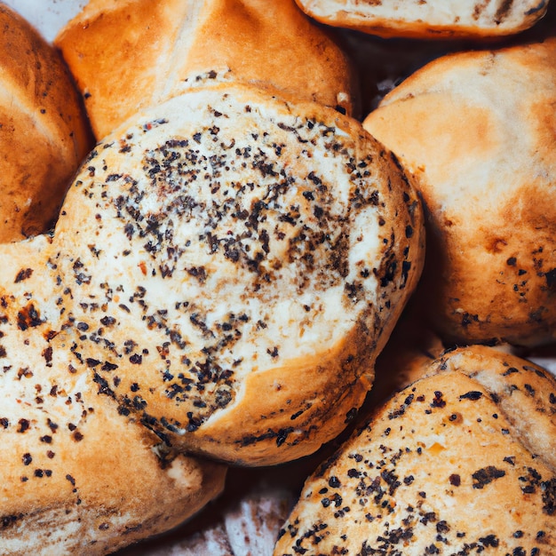 Bakery with various types of freshly baked bread Buns baguette bagel sweet bread and croissant Close up 3D representation