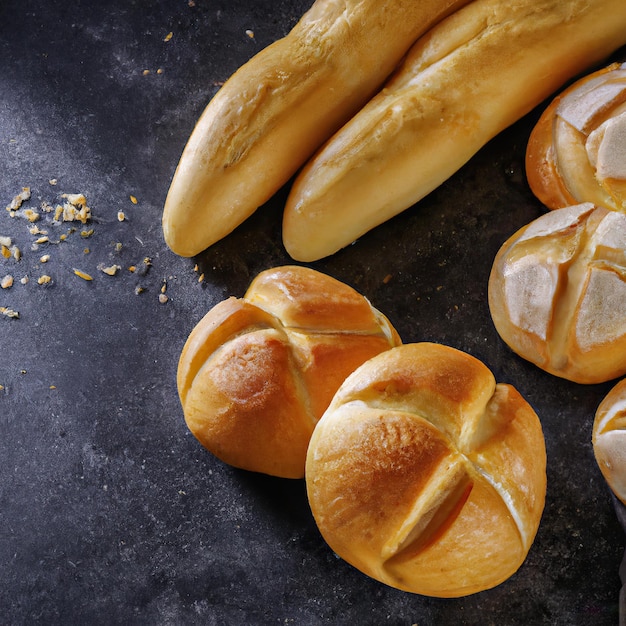 Bakery with various types of freshly baked bread Buns baguette bagel sweet bread and croissant Close up 3D representation