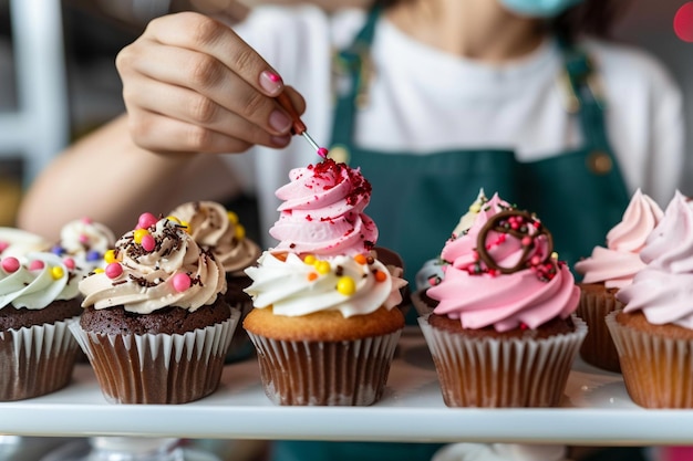 Bakery Worker Decorating Cupcakes