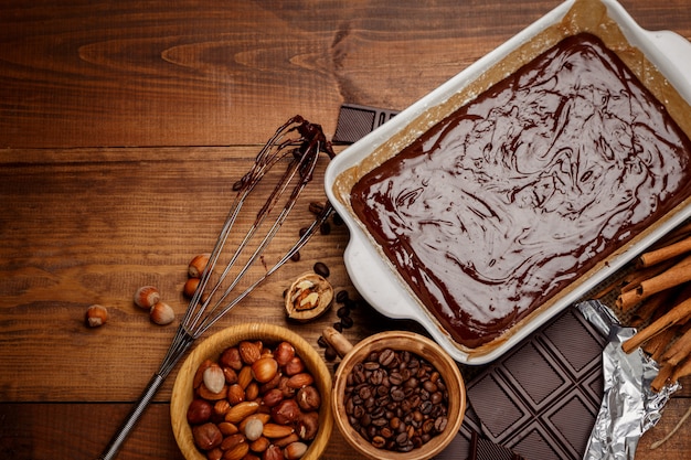 Baking chocolate cake in rustic kitchen.