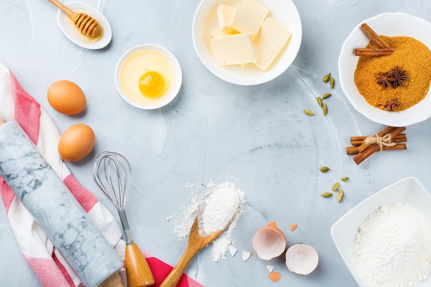 Baking cooking ingredients on a kitchen table