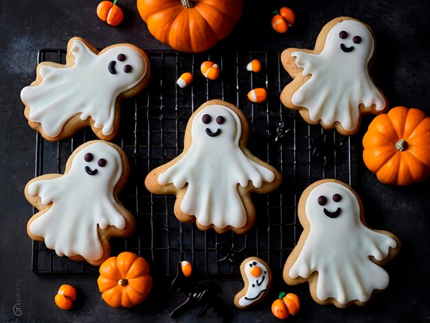 Photo baking and decorating halloweenthemed cookies shaped like ghosts pumpkins and bats