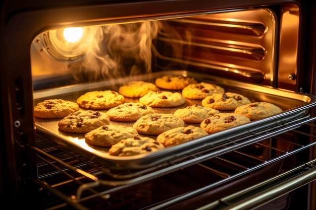 Baking delight closeup of an open oven door golden cookies on a tray inside