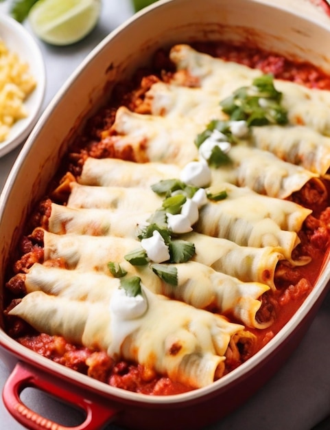 Baking dish filled with cheese enchiladas in red sauce