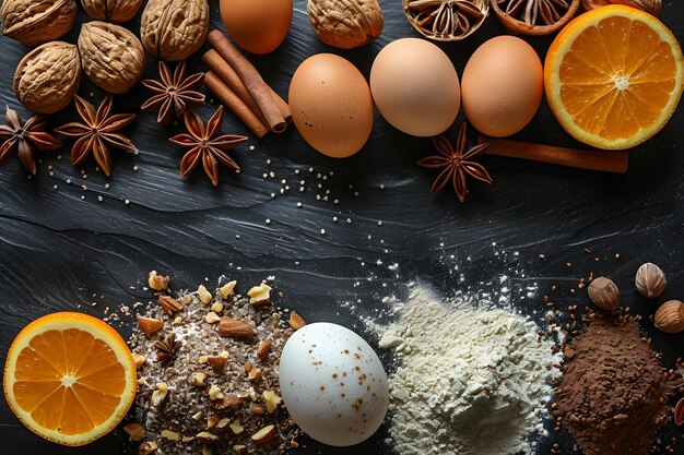 Baking Ingredients on Black Slate Background Oranges Eggs Nuts Flour and Spices for Holiday Baking