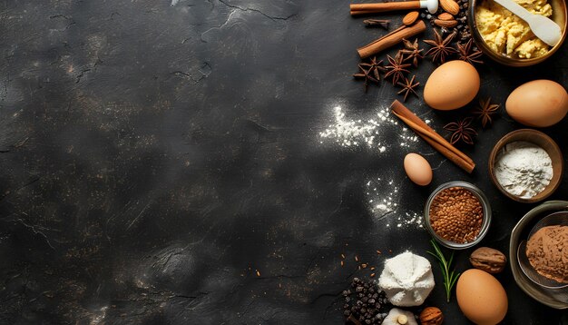 Photo baking ingredients on dark background with eggs and spices