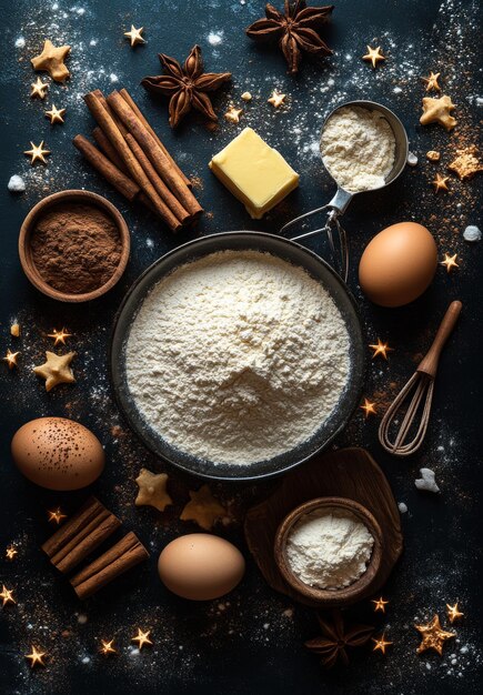 Photo baking ingredients for holiday cookies on a dark countertop a variety of baking ingredients arranged for making holiday cookies