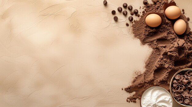 Baking ingredients spread on a beige surface