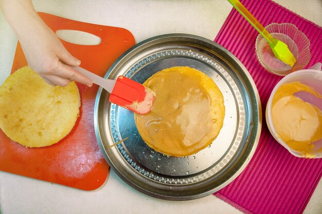 Baking Ingredients and Utensils for Cooking Sponge Cake. Process Cooking Sponge Cake. Woman Puts the Cream on the Cakes. Flat Lay Top View