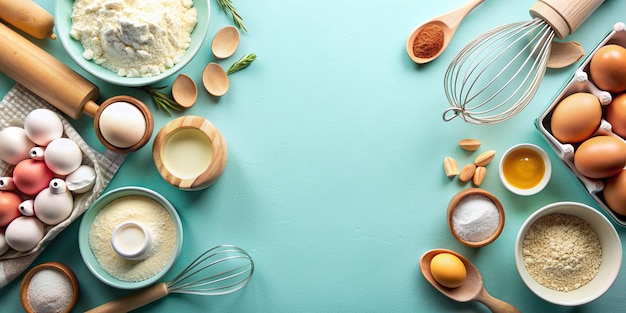 Photo baking ingredients and utensils on pastel background