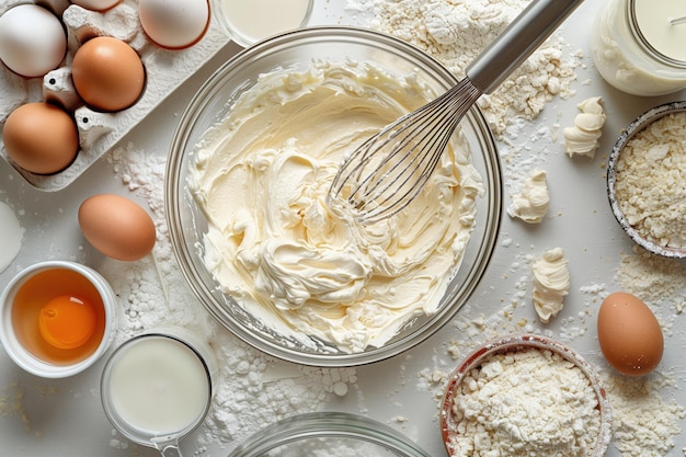 Baking ingredients and utensils on white background top view