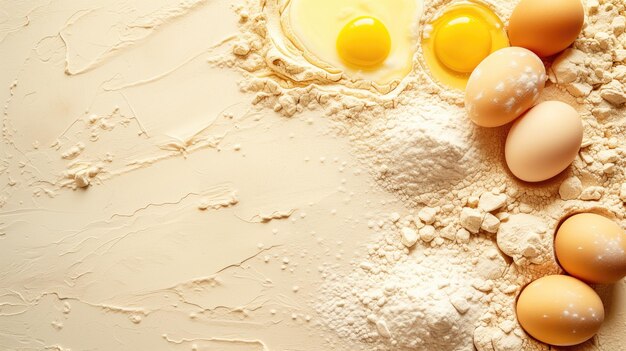 Baking ingredients with eggs on a flourdusted surface