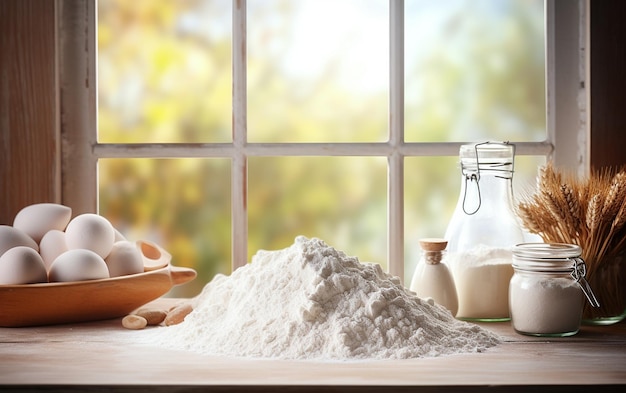 Baking Ingredients on Wooden Table in Defocused Kitchen Generative AI