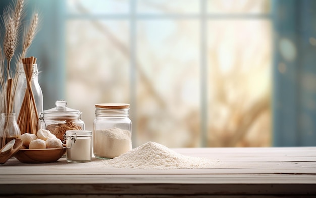 Baking Ingredients on Wooden Table in Defocused Kitchen Generative AI