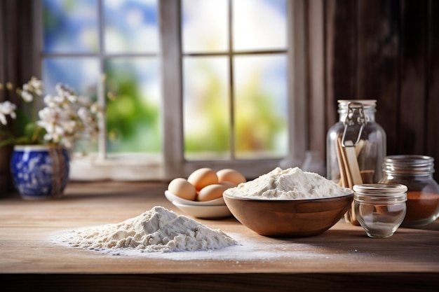 Baking Ingredients on Wooden Table with Blurred Kitchen Window Backdrop AI