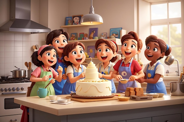 Baking Laughter Cartoon Friends Share Joyful Moments