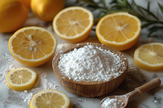 Baking Soda Spoon and Lemon on Grey Table Closeup Kitchen Scene with Household Essentials