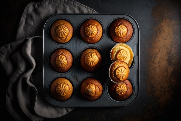 Baking tray with golden brown skin baked muffins