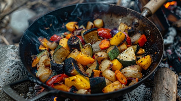 Baking vegetables in a special frying pan for the fire Flameroasted vegetable mix