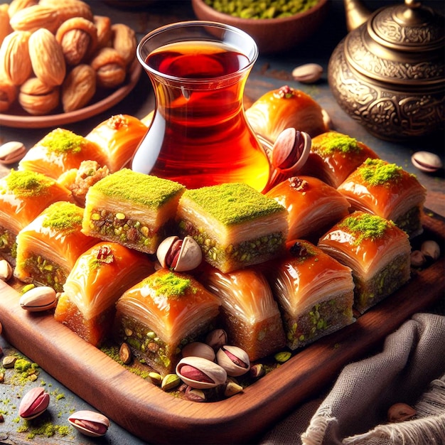 baklava sweet layered pastry dessert with turkish tea in traditional glass