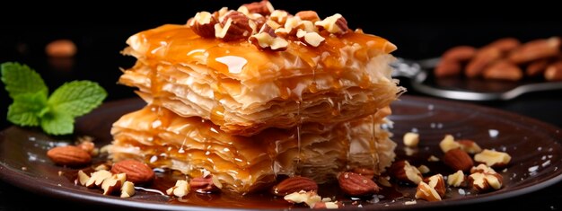 Baklava with nuts and honey on the table Selective focus