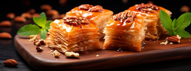 Baklava with nuts and honey on the table Selective focus