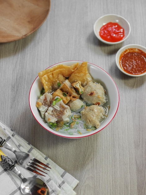 Bakso or baso is an Indonesian meatball, Its texture is similar to the Chinese beef ball, fish ball