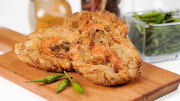 Bakwan udang is indonesian traditional snack of vegetables and shrimp and mixed with flour dough