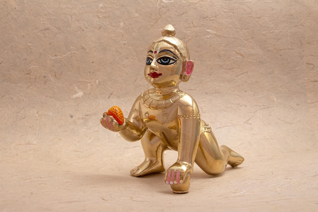 Bal Krishna Laddu Gopal Brass Statue Side Facing White Background