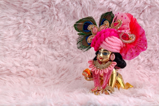 Bal Krishna Laddu Gopal Brass Statue with beautiful Pink Cloths and Jewelry Krishna Janmashtami