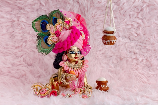 Bal Krishna Laddu Gopal Brass Statue with beautiful Pink Cloths and Jewelry Krishna Janmashtami