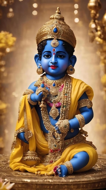 Bal krishna laddu gopal brass statue with beautiful yellow cloths and jewelry krishna janmashtami