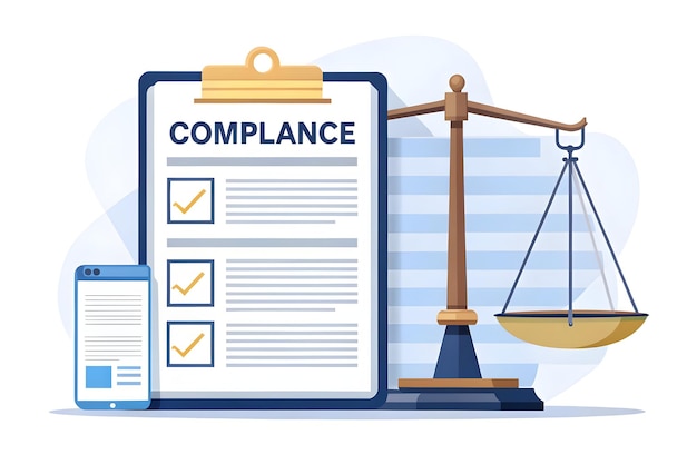 Balance Scale and Compliance Document Concept Flat Vector Illustration for Smart Business Manageme