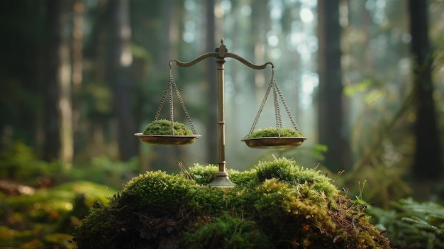 Photo balance scales in a forest setting symbolizing environmental justice and the delicate balance between nature and law