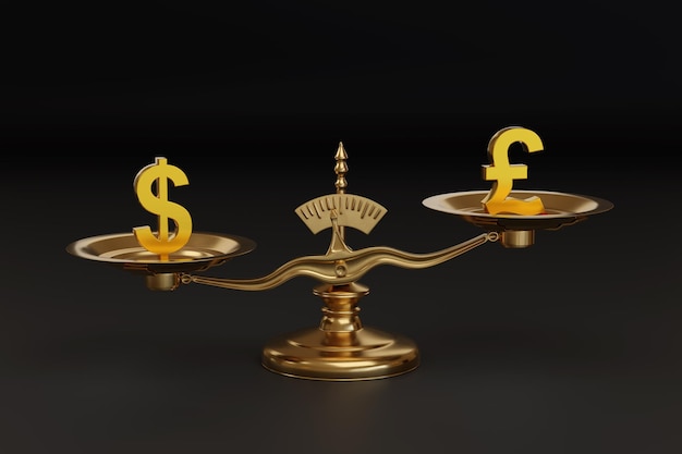 Balance scales with dollar and pound signs on their plates 3d illustration