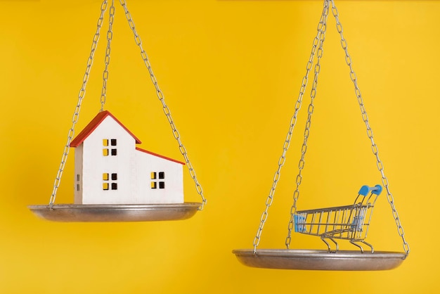 Balance scales on yellow background close up House and shopping cart Choice concept