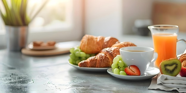 Photo balanced breakfast with coffee juice croissants cereals and fruits concept healthy eating breakfast ideas nutrition balanced diet morning rituals