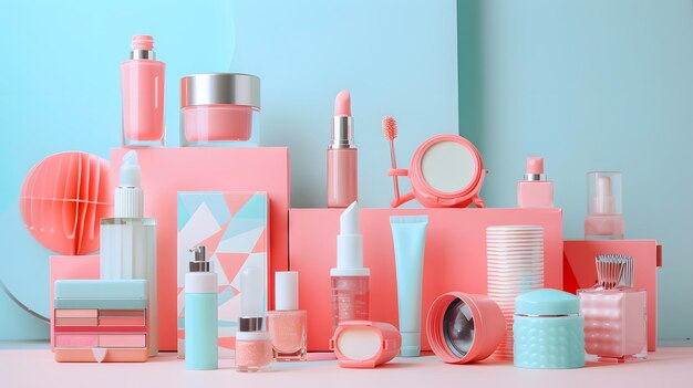 A balanced composition of beauty products with a camera capturing their details in a bright studio