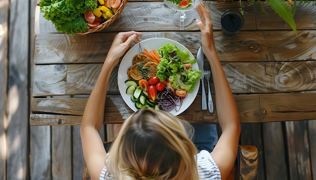 Balanced diet and healthy foods Woman eating dinner at wooden table top view