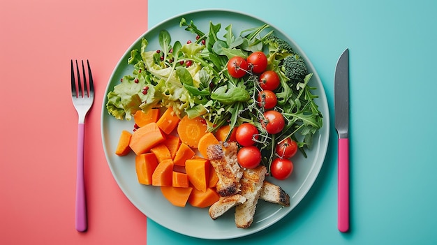 Balanced Meal Served on a Platter Isolated on Flat Color Background