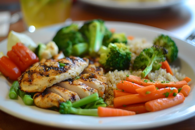 Photo balanced meal with grilled chicken steamed vegetables and quinoa totalling 600 calories