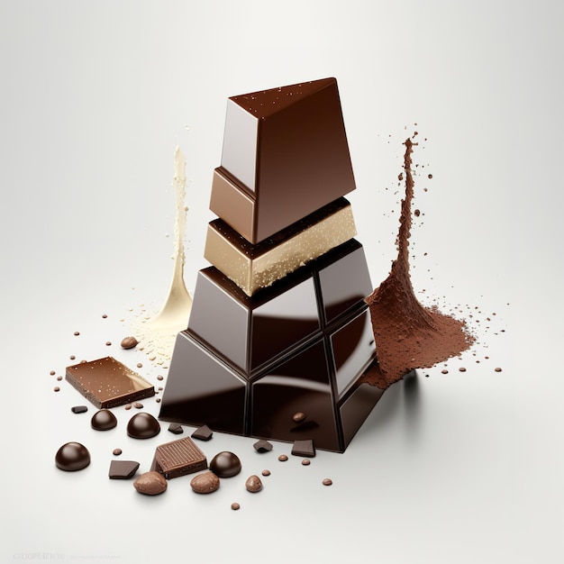 Balanced Pieces of Chocolate Isolated on a White Background Generative ai