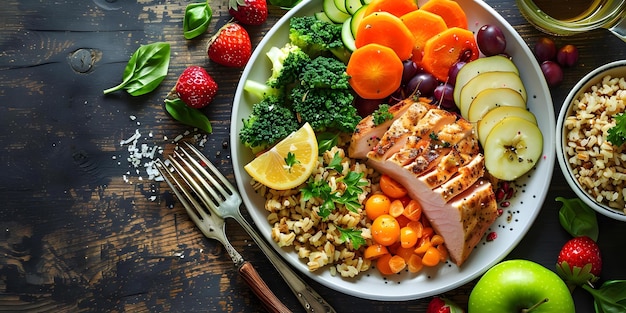 Photo balanced plate colorful array of fruits veggies lean proteins and whole grains concept healthy meal planning nutrientrich foods balanced diet colorful plate fresh ingredients