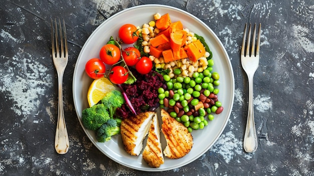 Photo a balanced plate of food with lean proteins whole grain